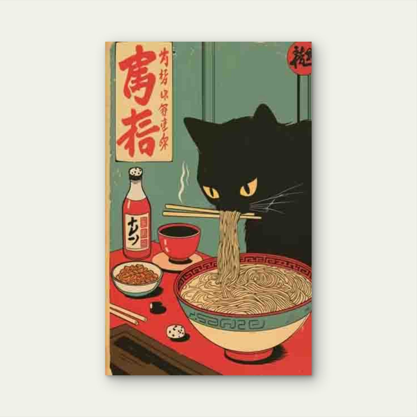 Black Cat Eating Ramen Japanese Retro Style Metal Print Ready to Hang