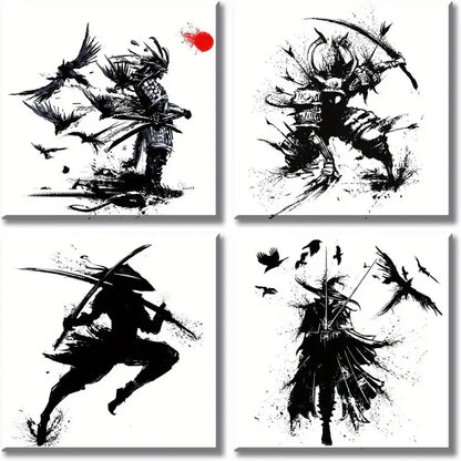 4pcs Black and White Warrior Figure With Sword Wall Art Canvas Framed