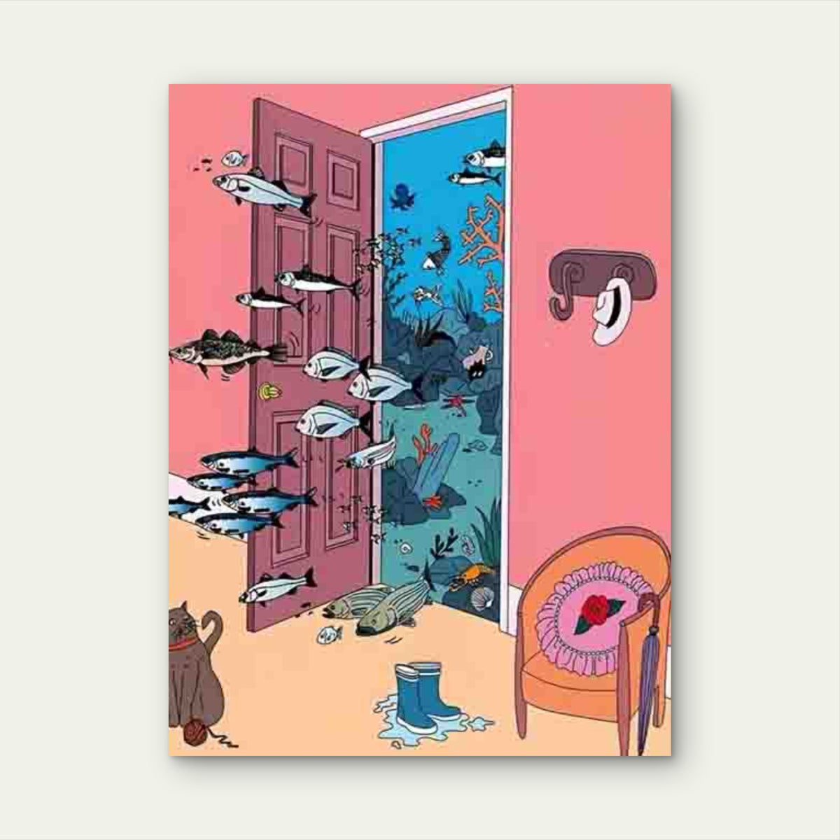 Whimsical Cat and Fish 60x90cm Metal Print Ready to Hang