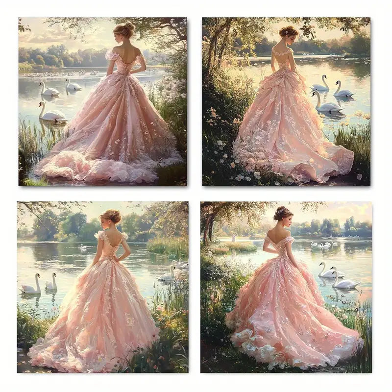 4pcs Girl Goose Lak picture Wall Art Canvas Framed