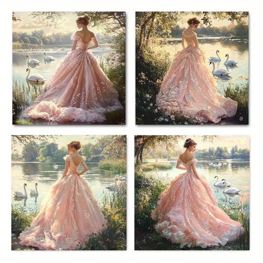 4pcs Girl Goose Lak picture Wall Art Canvas Framed