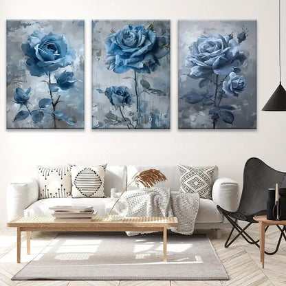 3pcs Blue Rose Contemporary Floral Metal Print Ready to Hang Art