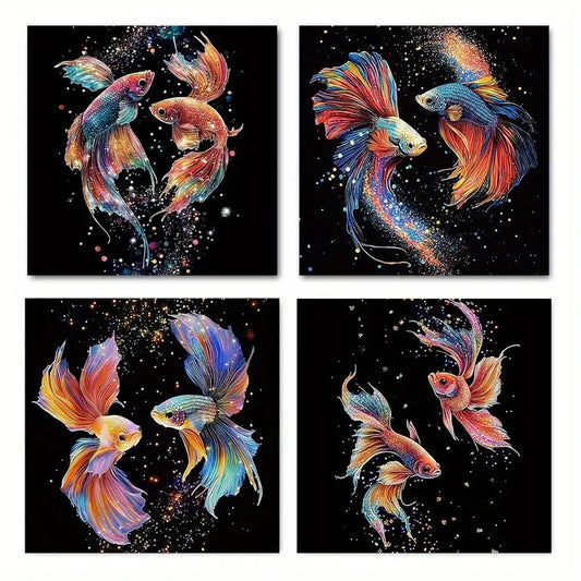 4pcs Betta Fish Design With Sparkling Stars Wall Art Canvas Framed