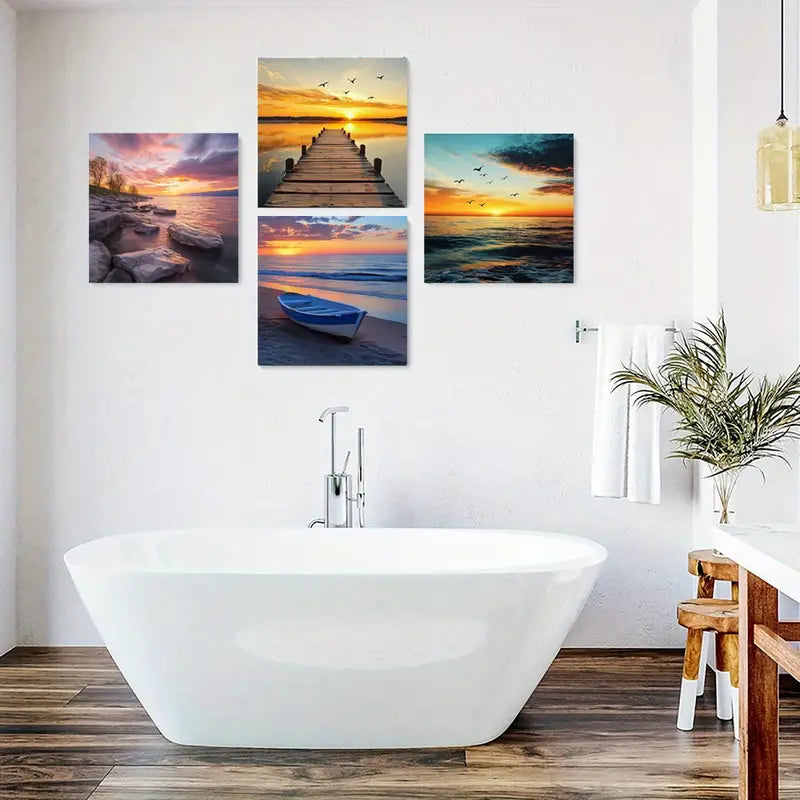 4pcs Sunset Poster, Lake Art Prints, Boat Wall Art Canvas Framed