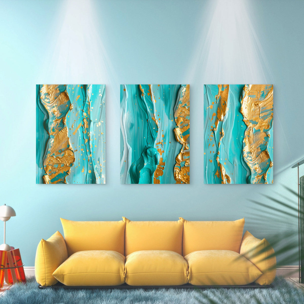 3pcs Modern Teal and Gold Abstract Painting Wall Art Set Canvas Framed 60x90cm - High Quality Print 100% Australian Made Wall Canvas Ready to Hang