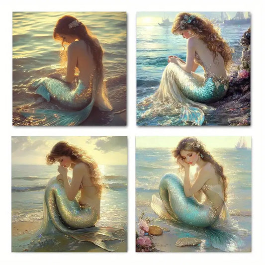 4pcs  Decoration Mermaid  TY   Wall Art Canvas Framed