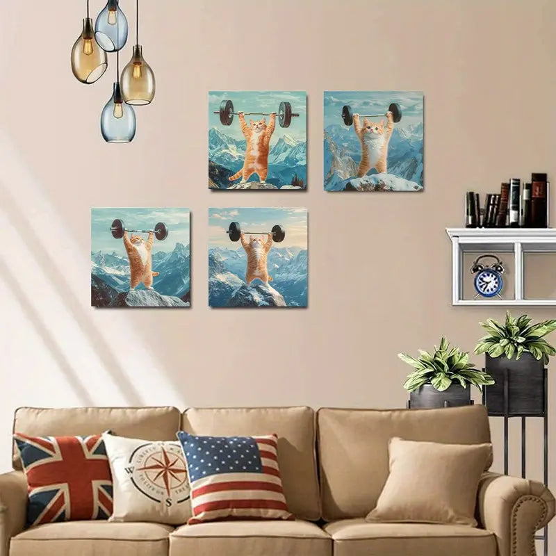 4pcs Fun Cat Weightliftin Picture Wall Art Canvas Framed