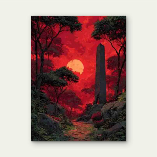 Enigmatic Red Twilight Ancient Obelisk Forest 60x90cm Metal Print Ready to Hang