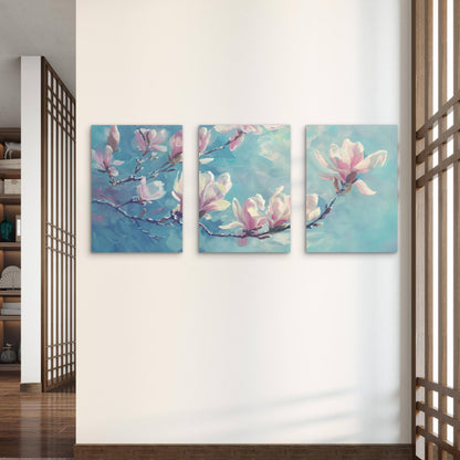 3pcs Pink Magnolias on Blue Background Wall Art Set Canvas Framed 40x60cm - High Quality Print 100% Australian Made Wall Canvas Ready to Hang