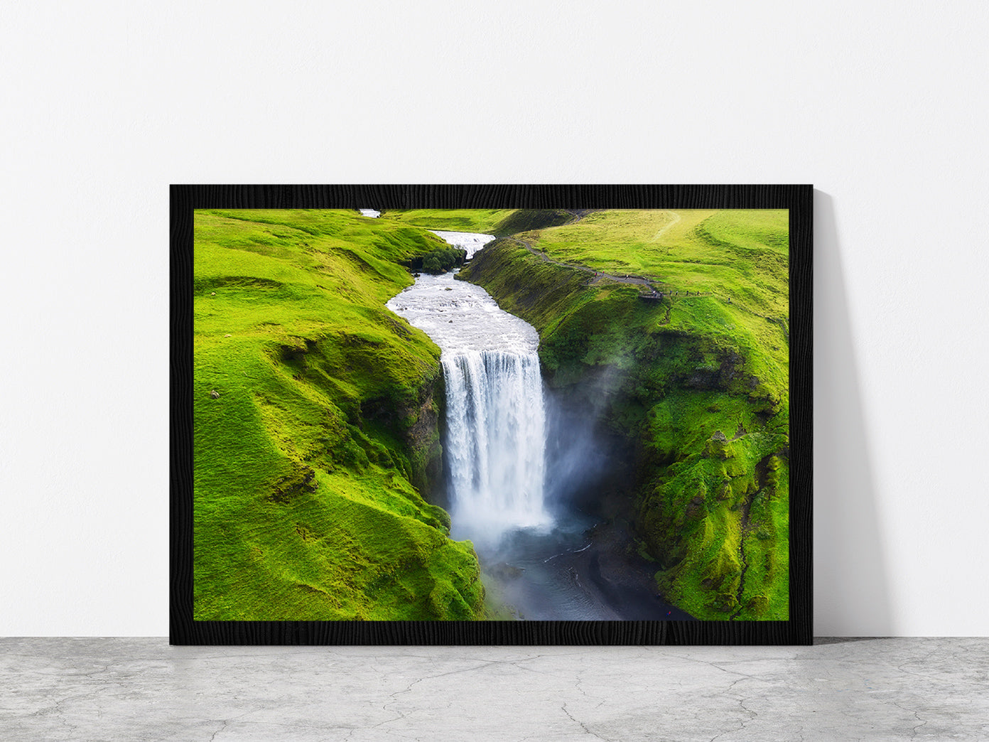 Skogafoss Waterfall in Iceland Glass Framed Wall Art, Ready to Hang Quality Print Without White Border Black