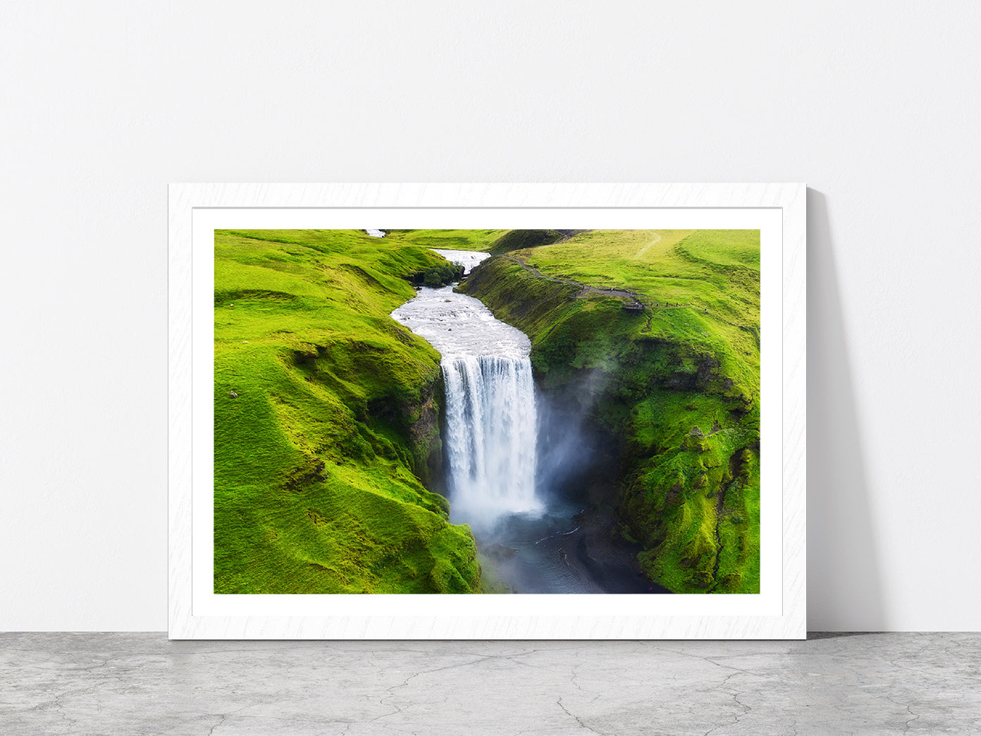 Skogafoss Waterfall in Iceland Glass Framed Wall Art, Ready to Hang Quality Print With White Border White