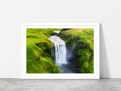Skogafoss Waterfall in Iceland Glass Framed Wall Art, Ready to Hang Quality Print With White Border White