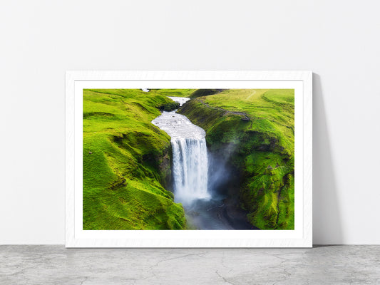 Skogafoss Waterfall in Iceland Glass Framed Wall Art, Ready to Hang Quality Print With White Border White