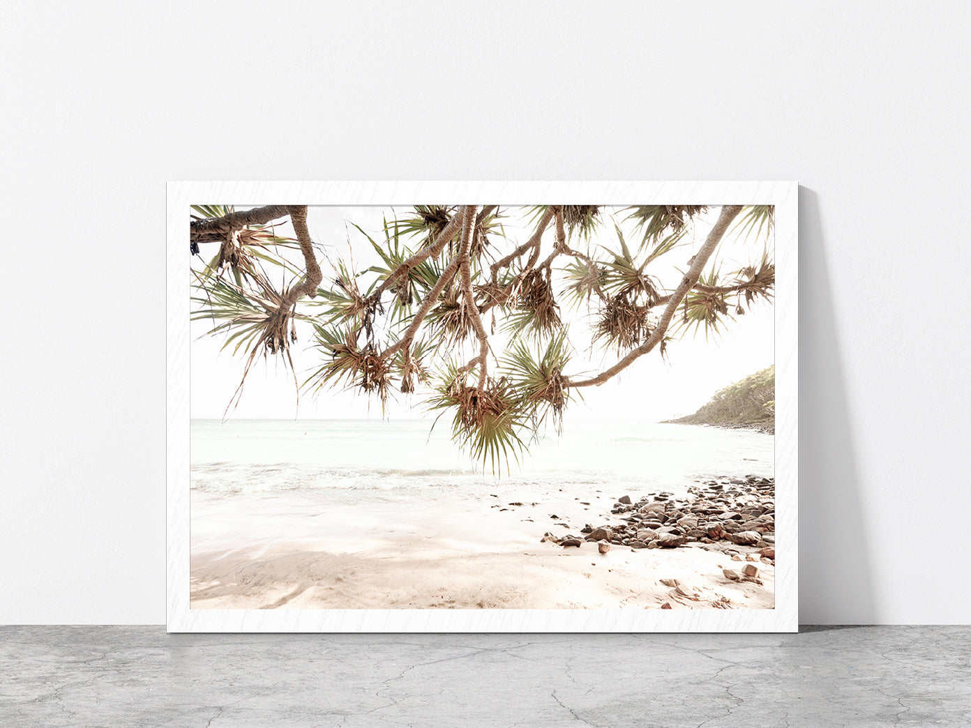 Sea Trees & Rocks near Beach Faded Photograph Glass Framed Wall Art, Ready to Hang Quality Print Without White Border White