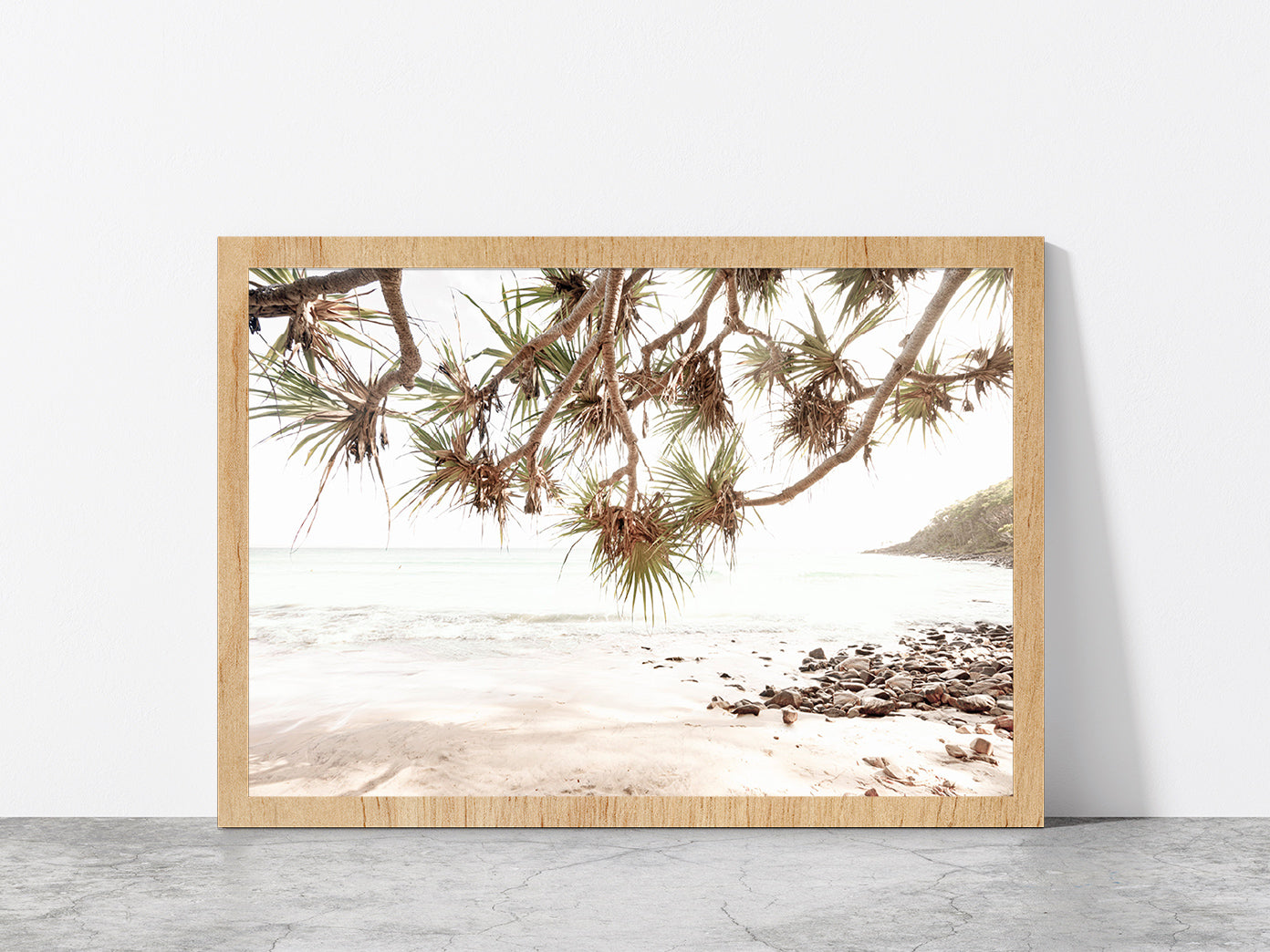 Sea Trees & Rocks near Beach Faded Photograph Glass Framed Wall Art, Ready to Hang Quality Print Without White Border Oak