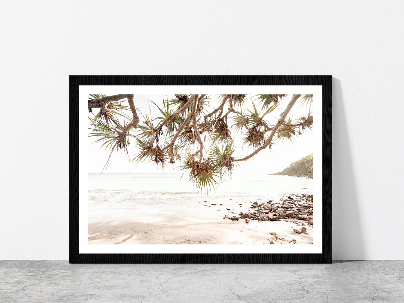 Sea Trees & Rocks near Beach Faded Photograph Glass Framed Wall Art, Ready to Hang Quality Print With White Border Black