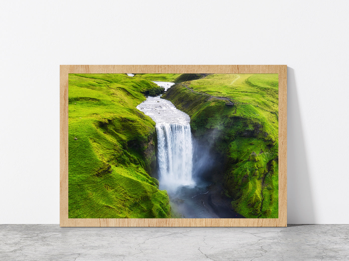 Skogafoss Waterfall in Iceland Glass Framed Wall Art, Ready to Hang Quality Print Without White Border Oak