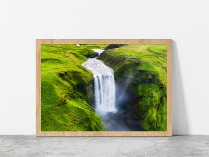 Skogafoss Waterfall in Iceland Glass Framed Wall Art, Ready to Hang Quality Print Without White Border Oak