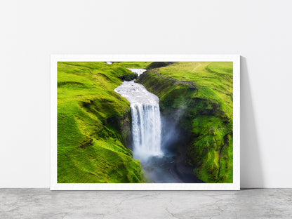 Skogafoss Waterfall in Iceland Glass Framed Wall Art, Ready to Hang Quality Print Without White Border White