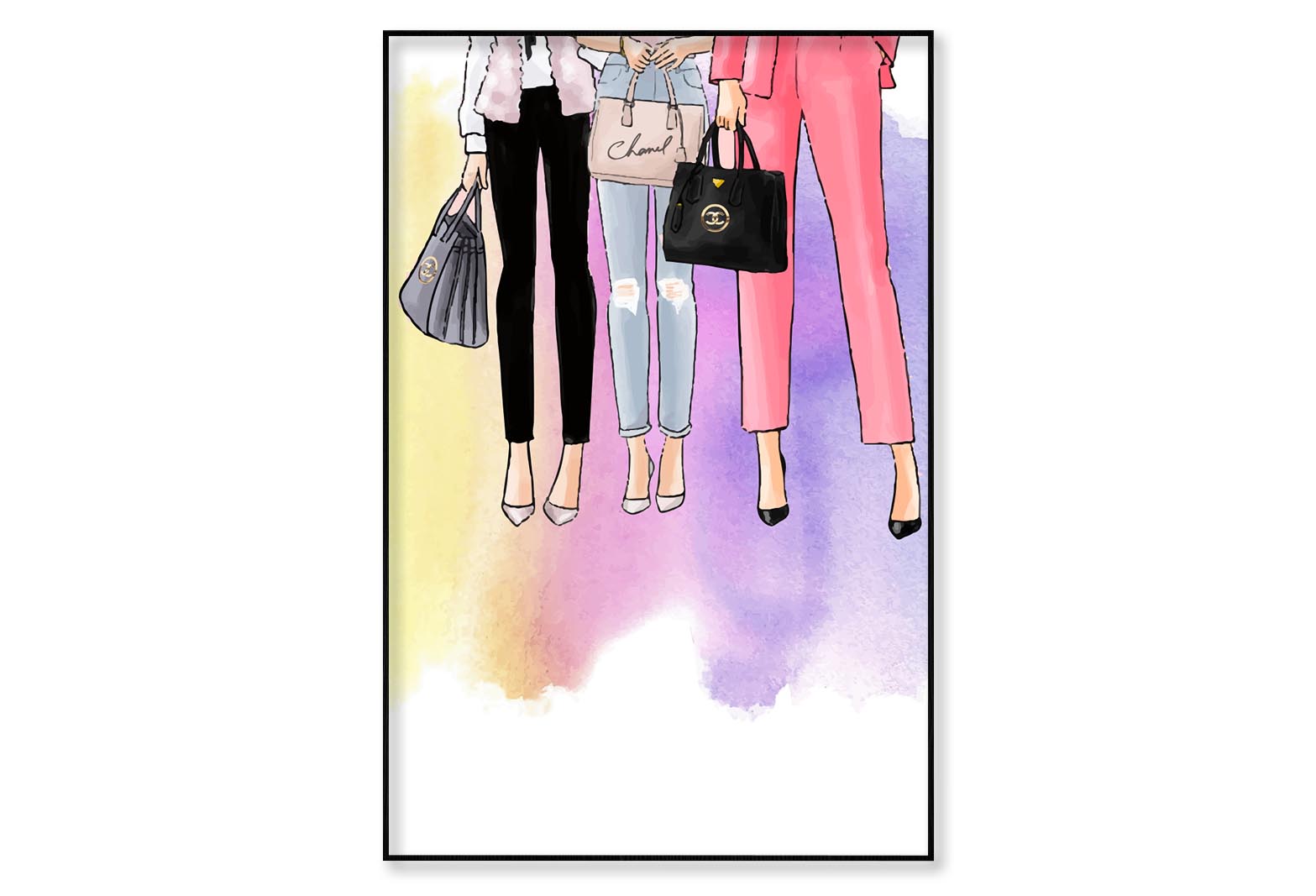 Fashion Women With Fancy Handbags Wall Art Limited Edition High Quality Print Canvas Box Framed Black