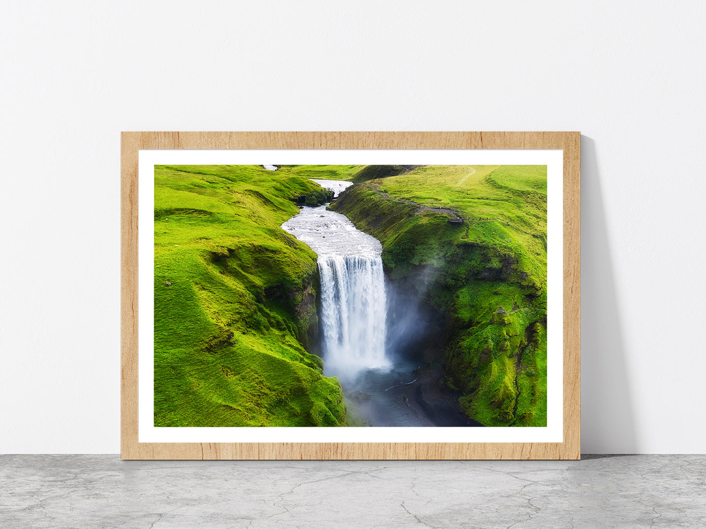 Skogafoss Waterfall in Iceland Glass Framed Wall Art, Ready to Hang Quality Print With White Border Oak