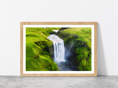 Skogafoss Waterfall in Iceland Glass Framed Wall Art, Ready to Hang Quality Print With White Border Oak