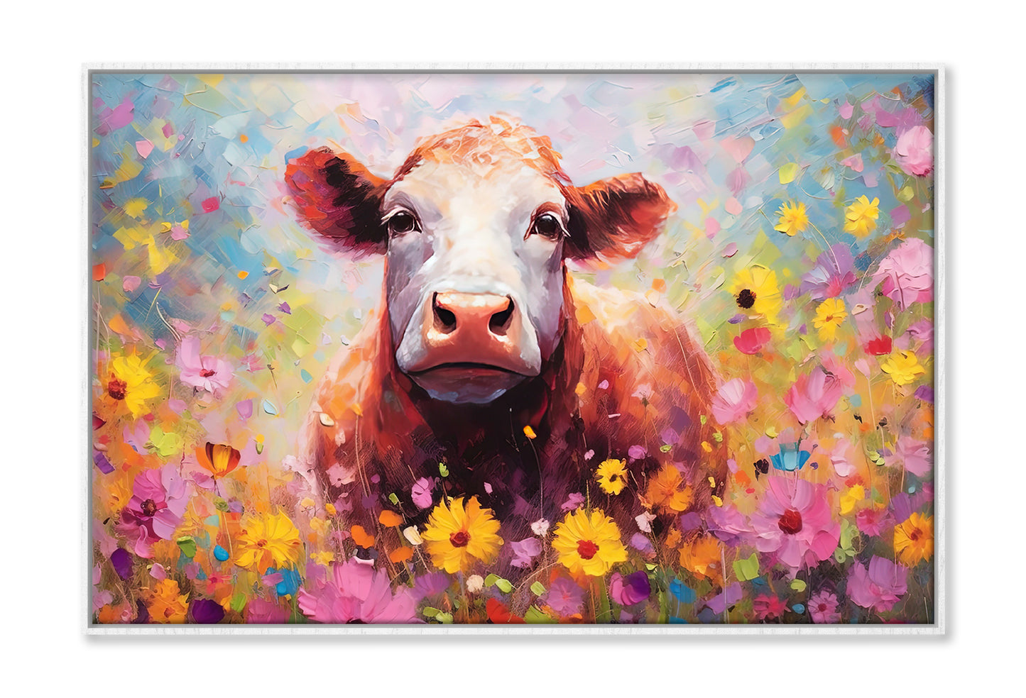 Cute Cow in Blossom Flowers Watercolor Painting Wall Art Limited Edition High Quality Print Canvas Box Framed White