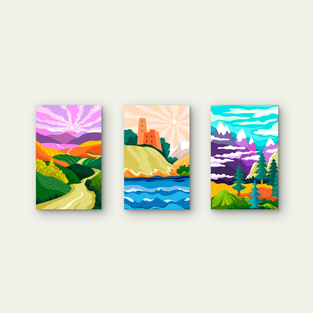 3pcs Vibrant Nature Mountain Castle Sunset Wall Art Set Canvas Framed 50x70cm - High Quality Print 100% Australian Made Wall Canvas Ready to Hang