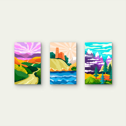 3pcs Vibrant Nature Mountain Castle Sunset Wall Art Set Canvas Framed 50x70cm - High Quality Print 100% Australian Made Wall Canvas Ready to Hang