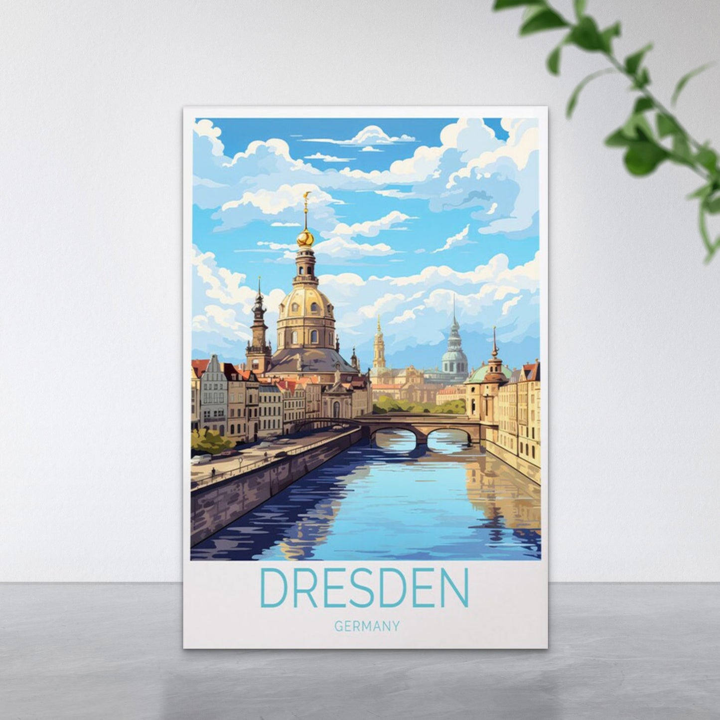 Dresden City in Germany, Church & Canal Travel Poster Print Wall Art