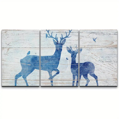 3pcs Blue Watercolor Deer Duo Birds Metal Print Ready to Hang Art