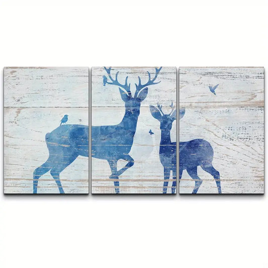 3pcs Blue Watercolor Deer Duo Birds Metal Print Ready to Hang Art