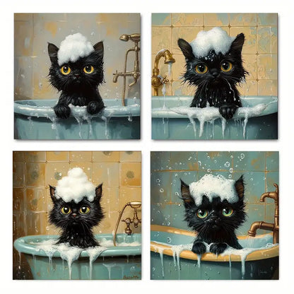 4pcs  Bubble Foam Humorous Black Cat     Wall Art Canvas Framed