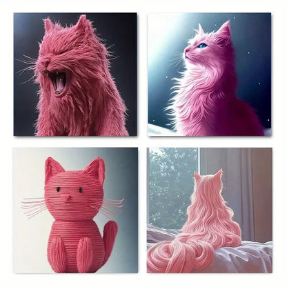 4pcs Charming Pink Cat Theme Art Print Wall Art Canvas Framed