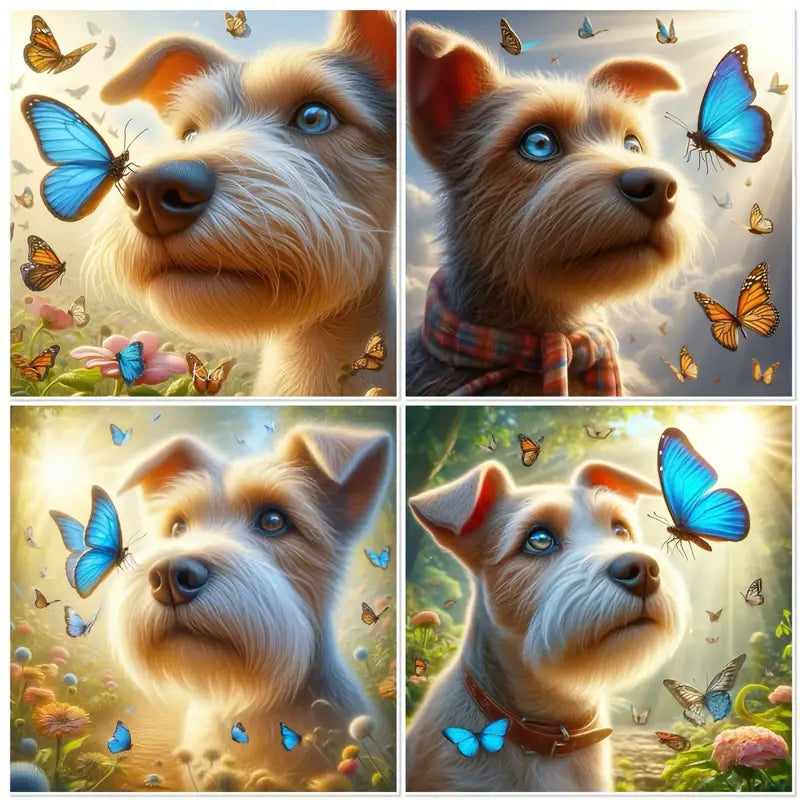 4pcs Dog With Blue Butterfly Wall Art Canvas Framed