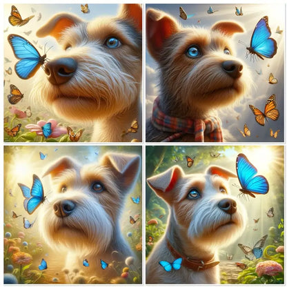 4pcs Dog With Blue Butterfly Wall Art Canvas Framed