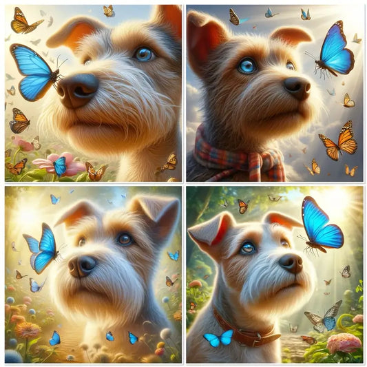 4pcs Dog With Blue Butterfly Wall Art Canvas Framed