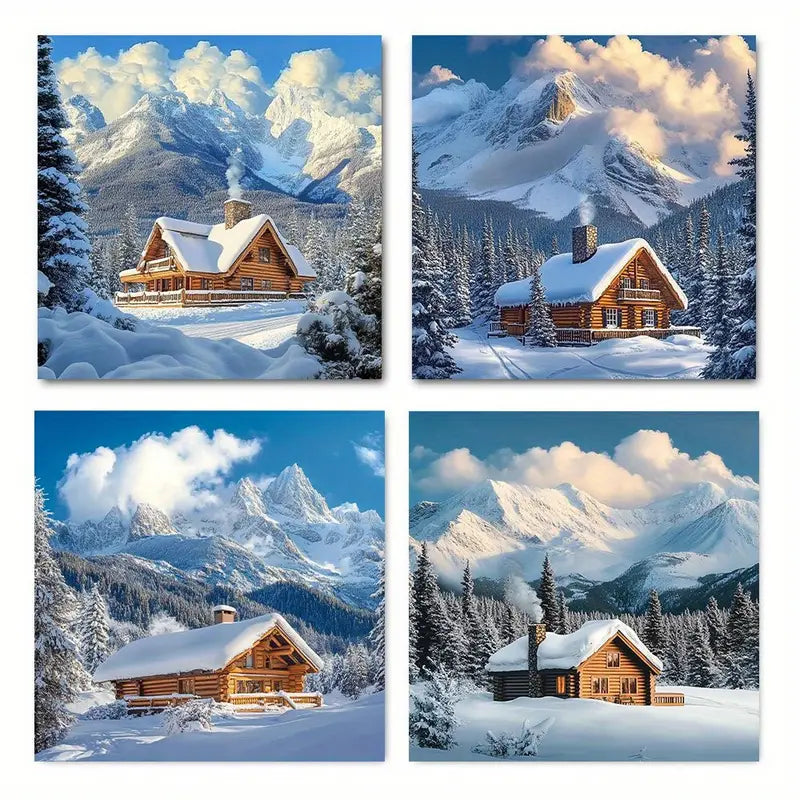 4pcs Cabin in the Snow with Mountains Wall Art Canvas Framed