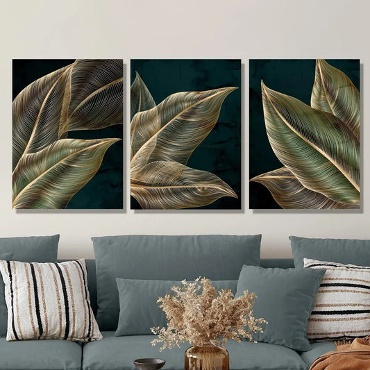 3pcs Luxury Golden plant leaf Classic Design Metal Print Ready to Hang Art