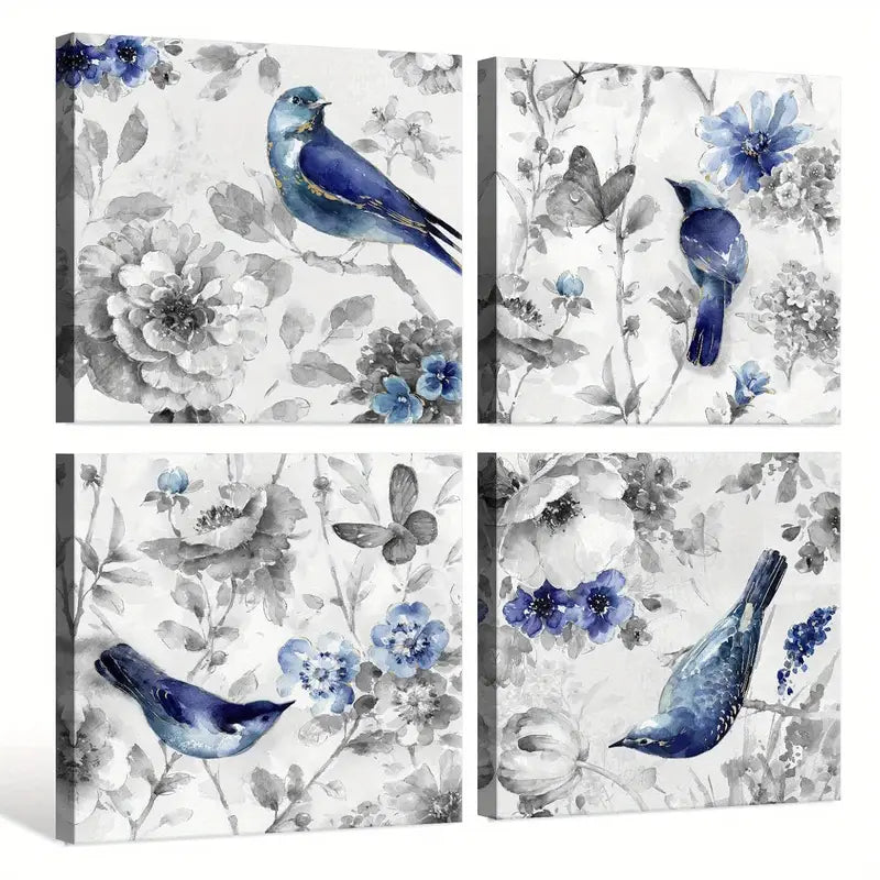 4pcs Abstract  Blue Birds On Blossom Floral Tree Wall Art Canvas Framed
