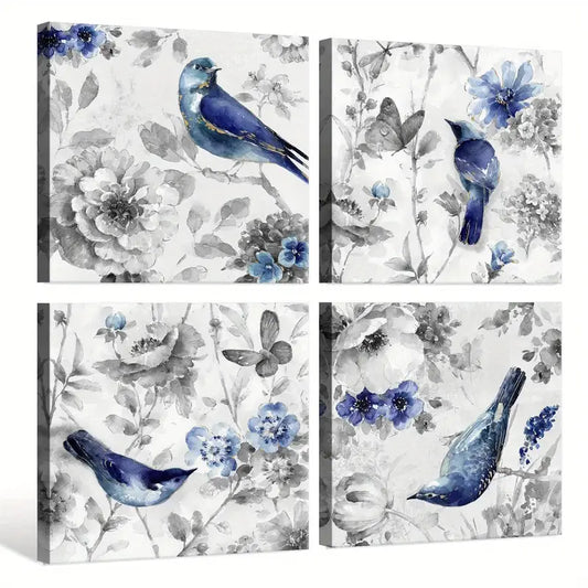 4pcs Abstract  Blue Birds On Blossom Floral Tree Wall Art Canvas Framed