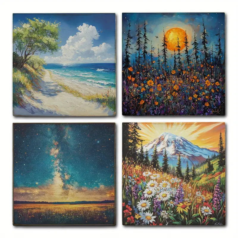4pcs Moon Light Forest With Mountains Wall Art Canvas Framed