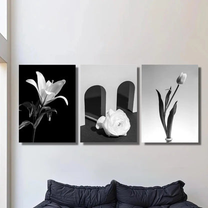 3pcs Black and White Botanical Bouquet Classic Design Metal Print Ready to Hang Art