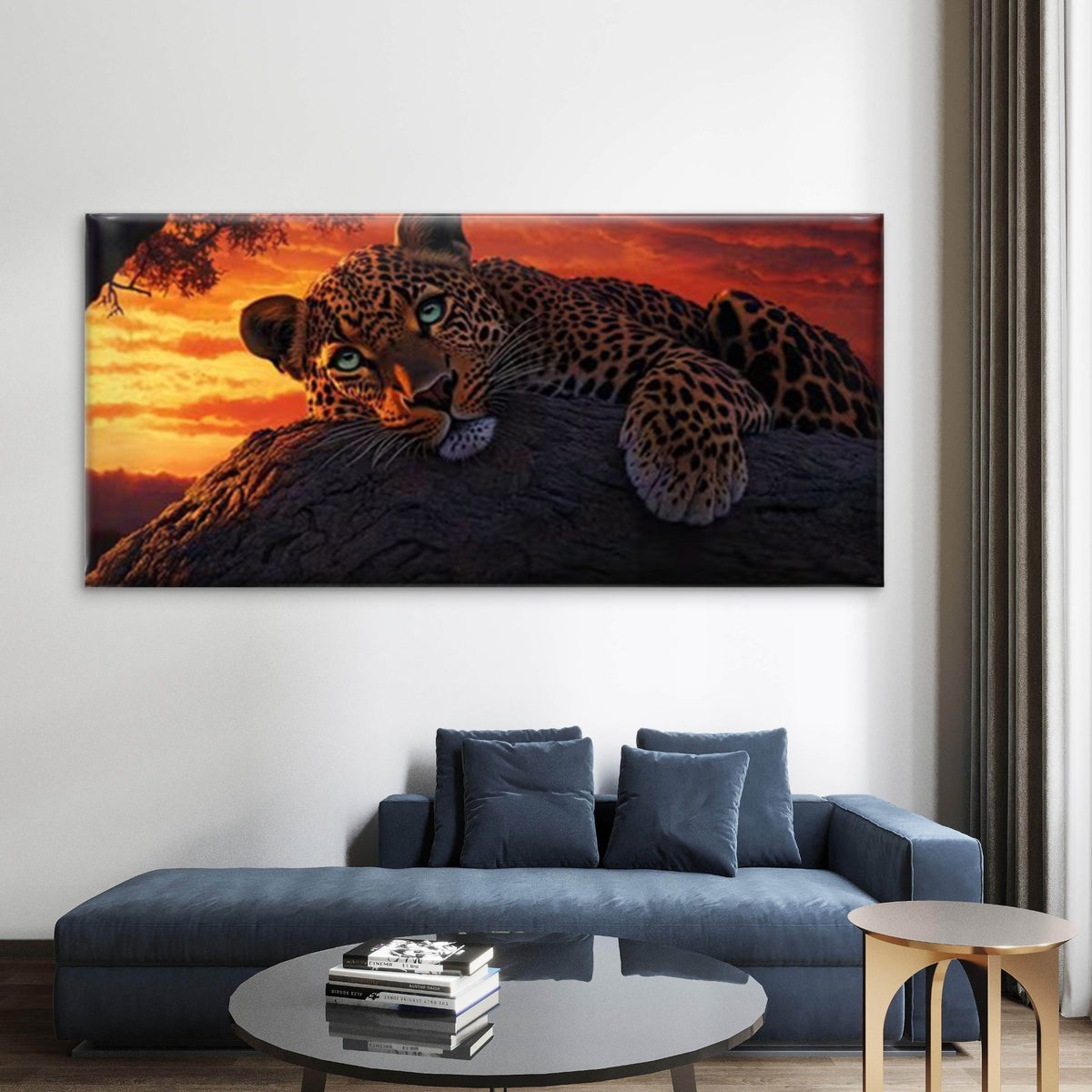 Leopard Sunset Rustic Wildlife Wall Art Canvas Office Home Room Framed 120x60cm