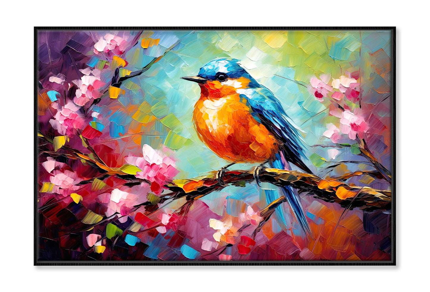 Blue Orange Bird Sitting on Tree Branch Painting Wall Art Limited Edition High Quality Print Canvas Box Framed Black