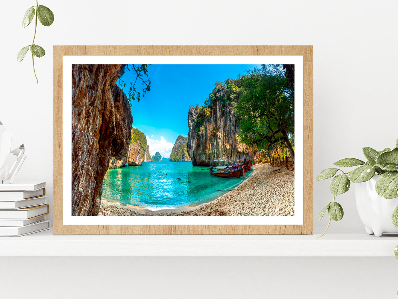 Blue Water At Lao Lading Island Glass Framed Wall Art, Ready to Hang Quality Print With White Border Oak