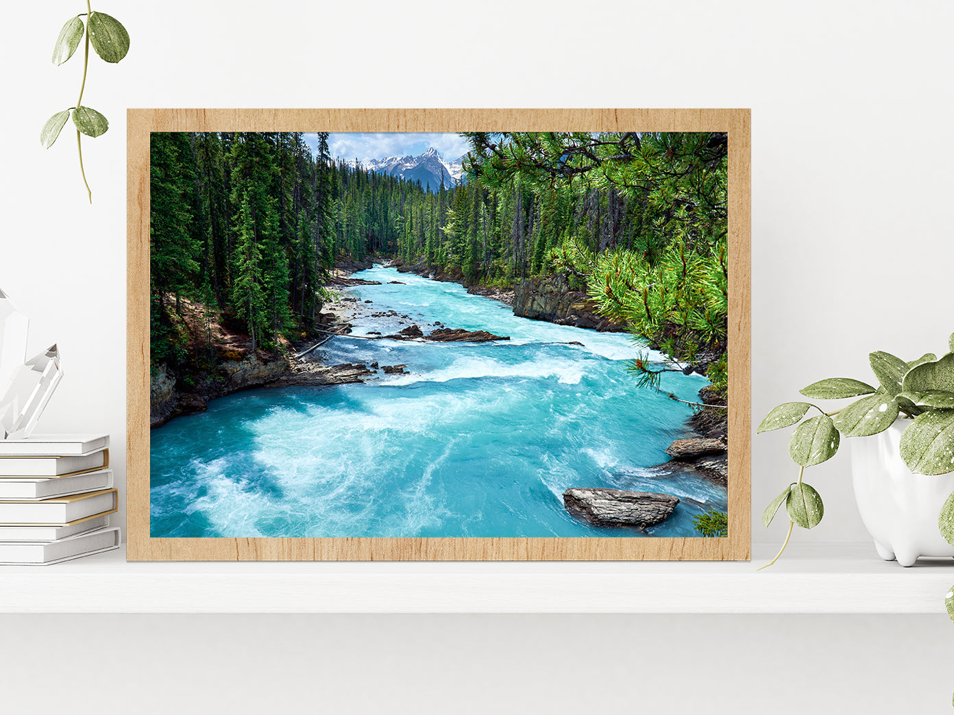 River In Evergreen Forest Glass Framed Wall Art, Ready to Hang Quality Print Without White Border Oak