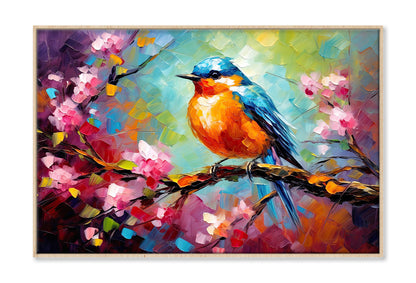 Blue Orange Bird Sitting on Tree Branch Painting Wall Art Limited Edition High Quality Print Canvas Box Framed Natural