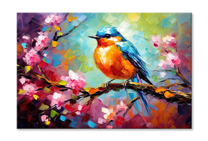 Blue Orange Bird Sitting on Tree Branch Painting Wall Art Limited Edition High Quality Print Stretched Canvas None