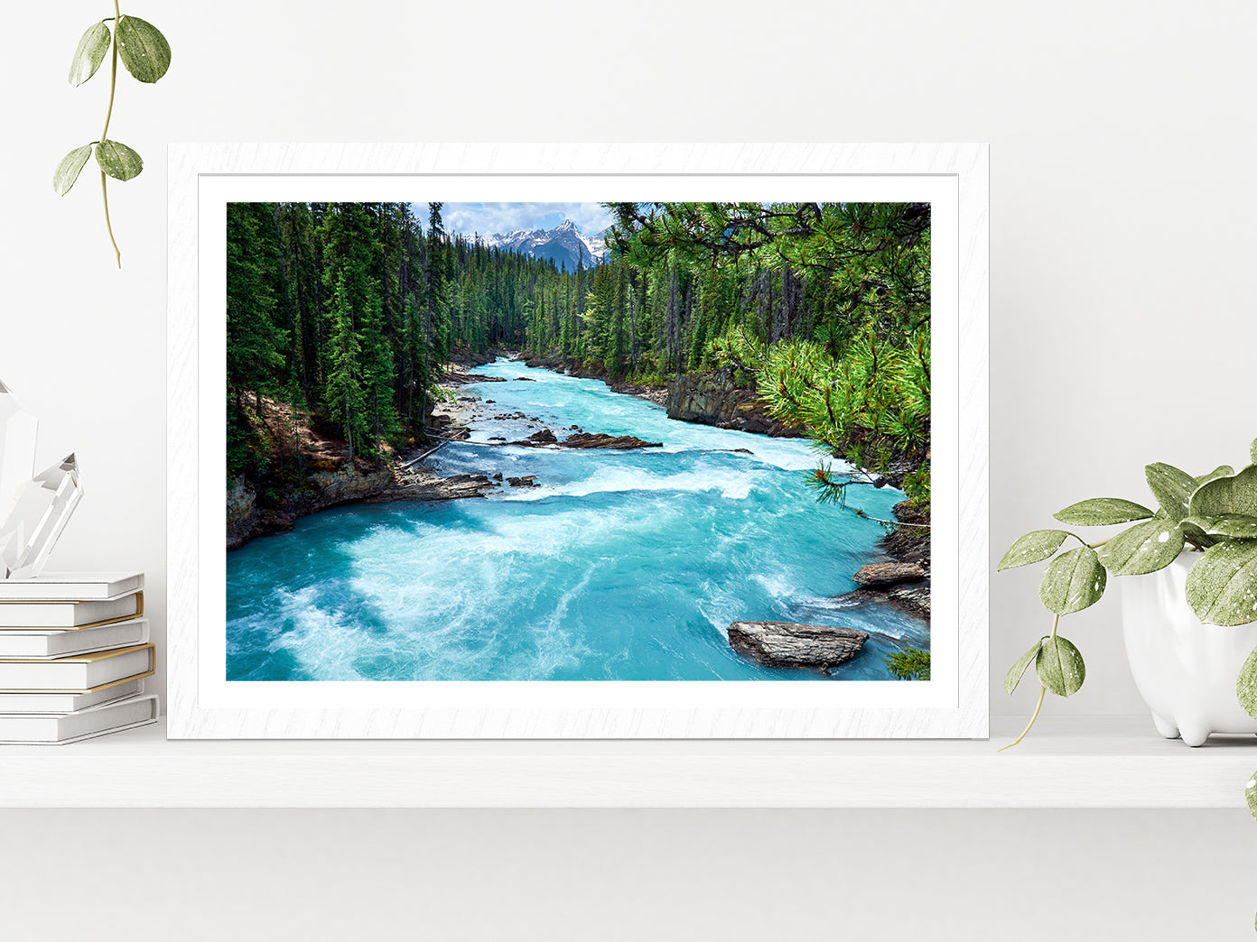 River In Evergreen Forest Glass Framed Wall Art, Ready to Hang Quality Print With White Border White